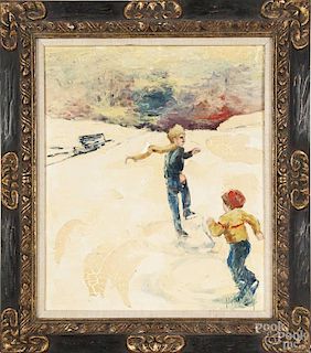 William McCauley (American, 20th c.) oil on canvas of two boys skating, signed McCauley, 24'' x 20''.