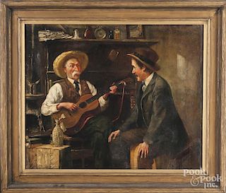 Oil on canvas interior with two gentlemen