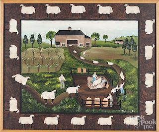 Folk art oil on canvas farm scene