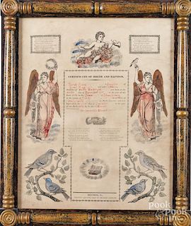 Printed and hand colored fraktur birth certificate