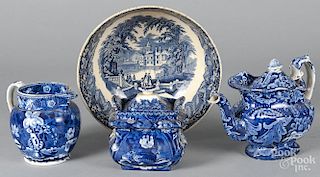 Four pieces of blue Staffordshire