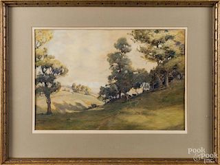 John Wesley Little (American 1867-1923), watercolor bucolic landscape, signed in lower right, 14 1/2