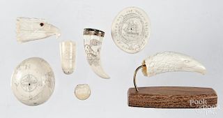 Grp. of scrimshaw decorated and carved whale teeth