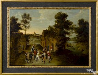 Continental oil on canvas scene of dancing figures