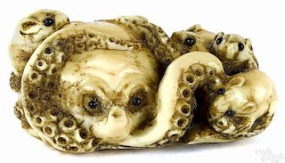 Japanese carved ivory rat and octopus netsuke