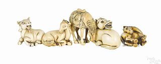 Five Japanese carved ivory horse netsukes
