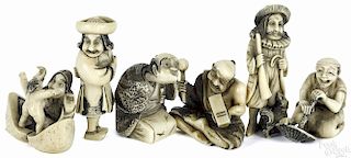 Six Japanese carved ivory figural netsukes