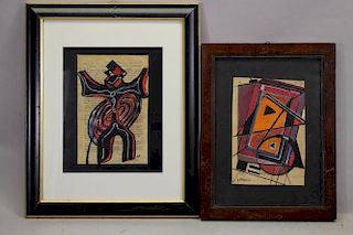2 Signed Russian School Abstract Mixed Media Ptgs