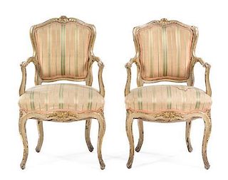 * A Pair of Louis XV Style Painted Fauteuils Height 34 1/2 inches.