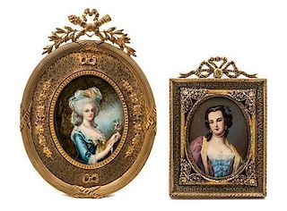 * Two Continental Portrait Miniatures Larger example 4 x 3 1/4 inches.