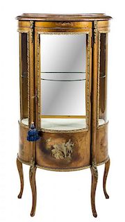 * A Louis XV Style Vernis Martin Vitrine Height 56 x width 26 1/2 x depth 13 1/2 inches.