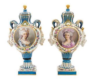 A Pair of Sevres Porcelain Vases Height 15 1/2 inches.