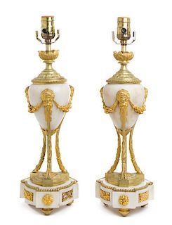 A Pair of Louis XVI Style Marble and Gilt Bronze Cassolettes Height 13 3/4 inches.
