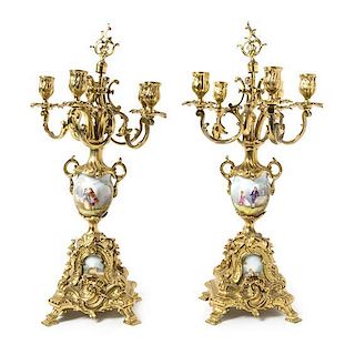 A Pair of Sevres Style Porcelain Mounted Gilt Bronze Six-Light Candelabra Height 23 1/4 inches.