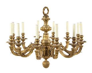 * A Louis XVI Style Gilt Bronze Twelve-Light Chandelier Height 24 x diameter 29 inches.