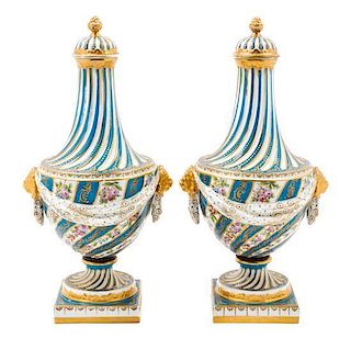 * A Pair of Sevres Porcelain Covered Vases Height 14 3/4 inches.