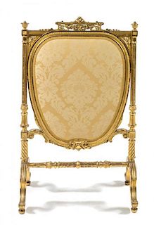* A Louis XVI Style Giltwood Firescreen Height 42 1/2 x width 25 3/4 x depth 18 3/8 inches.