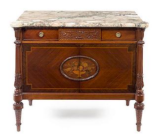* A Louis XVI Style Marquetry Commode a Vantaux Height 35 x width 39 1/2 x depth 21 inches.