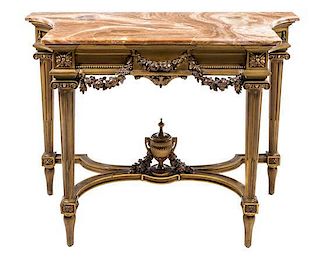 * A Louis XVI Style Giltwood Console Table Height 31 1/4 x width 41 1/2 x depth 18 1/2 inches.