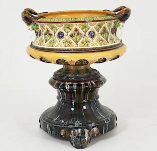 LARGE FRENCH MAJOLICA URN ON STAND