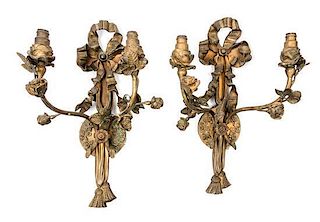 A Pair of Neoclassical Bronze Two-Light Sconces Height 14 inches.
