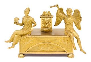 An Empire Gilt Bronze Figural Music Box Width 13 3/8 inches.