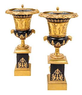 A Pair of Empire Style Gilt and Patinated Bronze Brule-Parfums Height 26 1/2 inches.
