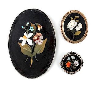 A Group of Three Continental Pietra Dura Plaques Height of largest 3 5/8 inches.