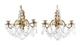 * A Pair of Continental Gilt Bronze Three-Light Sconces Height 9 3/4 inches.