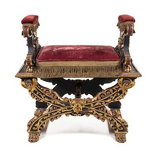 An Italian Renaissance Revival Painted and Parcel Gilt Bench
