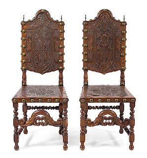 A Pair of Spanish Baroque Style Side Chairs Height 46 1/8 inches.