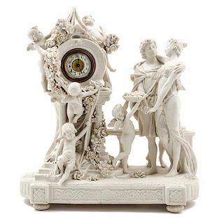 * An Austrian Bisque Porcelain Figural Mantel Clock Height 14 1/2 x width 13 1/4 inches.