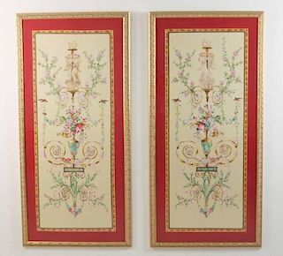 PAIR OF DECORATIVE FRENCH STYLE HAND COLORED DRAWINGS