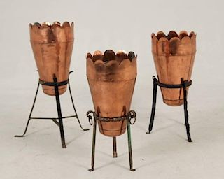 GROUP OF 3 COPPER PLANTERS ON STANDS