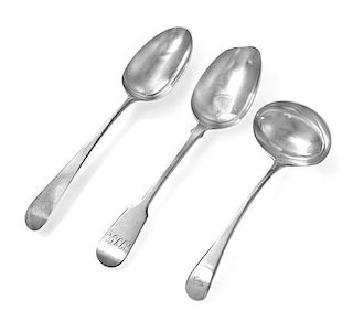 Three George III Silver Spoons, Hester Bateman, London, 1784 and others, the Old English form table spoon together with a Fid