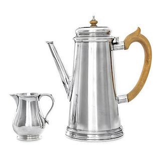 An English Silver Coffee Pot and Creamer, Walter H. Wilson Ltd., London, 1955, the coffee pot of tapering cylindrical form, t