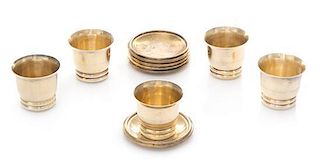 * A Set of Five French Silver Cordial Cups and Underplates, Maker's Mark CA, each cylindrical body with a flared rim and a ri