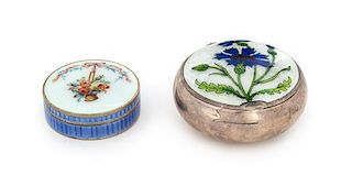 * Two Enameled Silver Snuff Boxes, , comprising a French example, the lid decorated with a floral spray and ribbon motifs on 