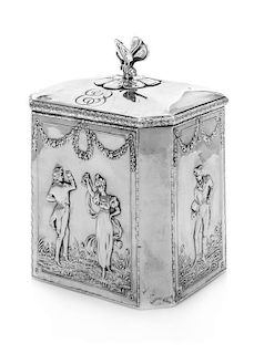* A German Silver Tea Caddy, B. Neresheimer & Sohne, Hanau, Late 19th/Early 20th Century, of rectangular form with canted cor