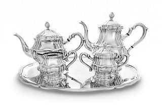 A Continental Five-Piece Silver Tea and Coffee Service, Maker's Mark E.C., comprising a teapot, coffee pot, creamer, covered