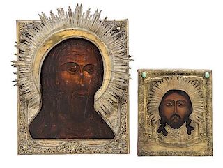 * Two Russian Silver Oklad Icons Larger height 21 1/4 x width 17 1/4 inches.