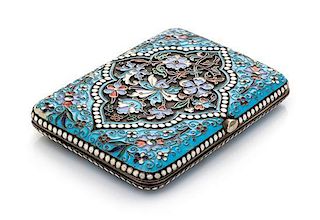 A Russian Enameled Silver Cigarette Case, Maker's Mark Cyrillic VA, Moscow, Late 19th/Early 20th Century, having filigree vin