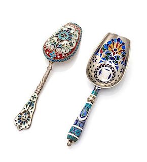 Two Russian Silver and Plique-a-Jour Sugar Scoops, Mark of Antip Kuzmichev, Moscow, Late 19th/Early 20th Century and other, h