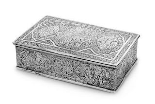 * A Persian Silver Table Casket, , decorated with various cartouches depicting various figures and animals within floral band