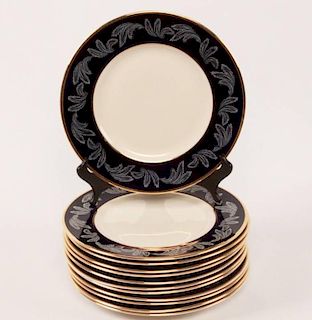SET OF 12 COBALT AND GOLD BANDED 10.25" PLATES