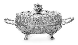 * An American Coin Silver Covered Entree, S. Kirk & Son, Baltimore, MD, of oval, handled form having allover floral decoratio