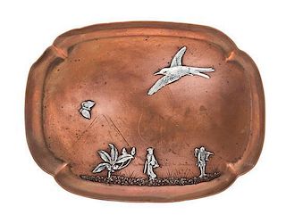 * An American Mixed-Metal Tray, Gorham Mfg. Co., Providence, RI, 1882, the copper plate with silver Chinoiserie decoration in
