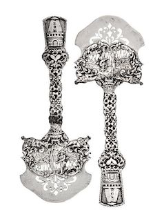 A Pair of American Silver Asparagus Servers, Marshall Field & Co., Chicago, IL, the openwork blade decorated with a hunter an