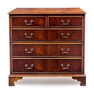 A Hepplewhite Style Burlwood and Satinwood Chest of Drawers Height 36 1/8 x width 37 1/8 x depth 21 inches.