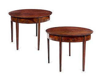 A Pair of Federal Mahogany Demilune Tables Height 27 1/2 x width 36 1/8 x depth 16 3/4 inches.
